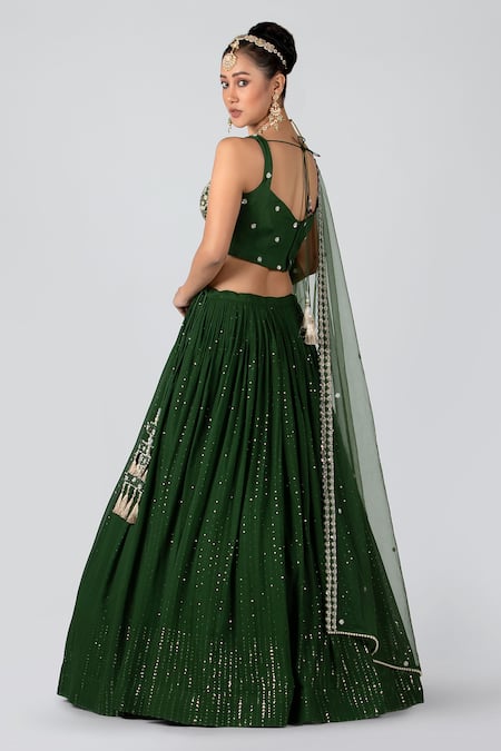 Shop_Suruchi Parakh_Green Net, Georgette Sequins, Thread, Zardozi Square And Embroidered Lehenga Set _at_Aza_Fashions