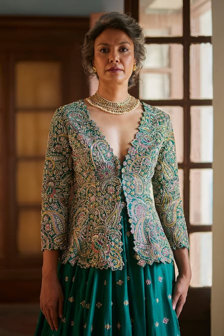 Mrunalini Rao Green Silk Zari, Embroidery Plunge Neck Paisley Jacket Lehenga Set Online at Aza Fashions Mrunalini Rao_Green Silk Zari, Embroidery Plunge Neck Paisley Jacket Lehenga Set _Online_at_Aza_Fashions