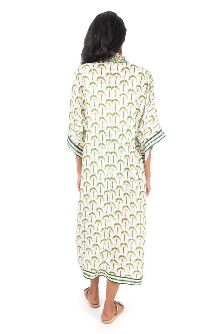 Shop Monisha Jaising Ivory Cotton Silk Printed And Embroidered Palm Tree Lapel Collar Robe at Aza Fashions Shop_Monisha Jaising_Ivory Cotton Silk Printed And Embroidered Palm Tree Lapel Collar Robe_at_Aza_Fashions