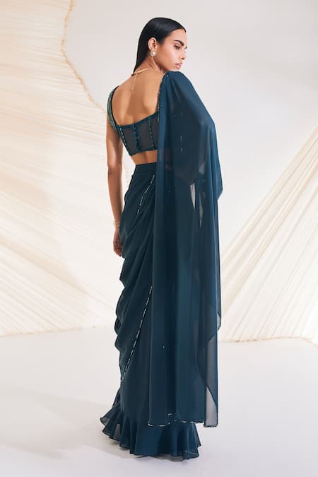 Shop Divya Aggarwal Green Georgette, Satin, Tulle Hertha Pre-draped Saree With Corset Blouse at Aza Fashions Shop_Divya Aggarwal_Green Georgette, Satin, Tulle Hertha Pre-draped Saree With Corset Blouse _at_Aza_Fashions