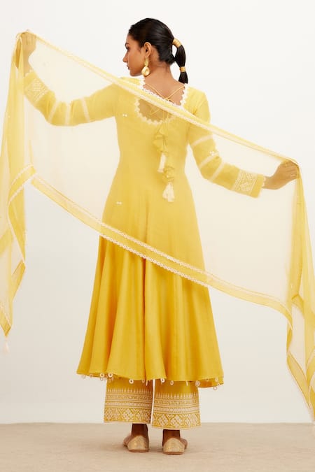 Shop_Devnaagri_Yellow Chanderi, Shantoon And Organza Floral U Neck Panelled Anarkali Palazzo Set _at_Aza_Fashions