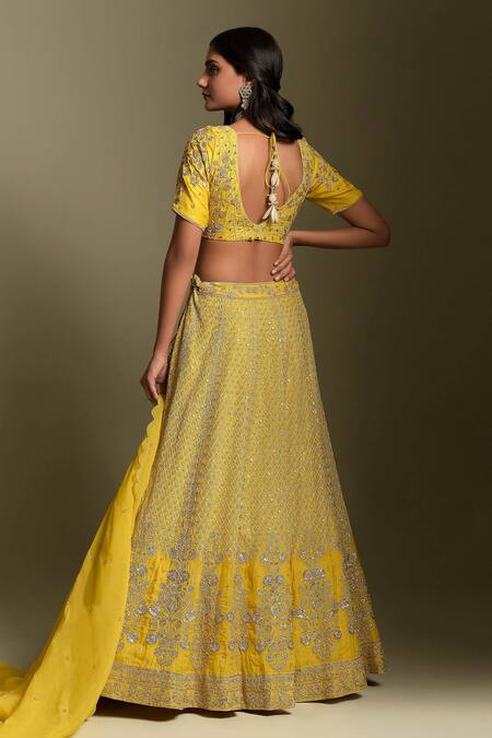 Shop Two Sisters By Gyans Yellow Organza Aari Embroidered Lehenga Set at Aza Fashions Shop_Two Sisters By Gyans_Yellow Organza Aari Embroidered Lehenga Set_at_Aza_Fashions