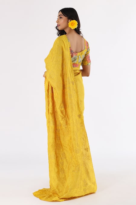 Shop Nakita Singh Yellow Satin, Silk Sequins, Embroidery Asymmetric Thread Saree And Blouse Set at Aza Fashions Shop_Nakita Singh_Yellow Satin, Silk Sequins, Embroidery Asymmetric Thread Saree And Blouse Set_at_Aza_Fashions