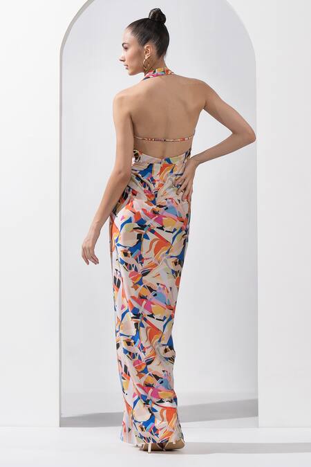 Mandira Wirk Resort_Multi Color Satin Halter Neck Abstract Print Gown _Online_at_Aza_Fashions