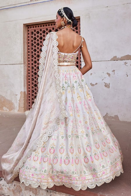 Shop_Aditi Gupta_Ivory Chanderi, Tissue Pearls, Beads, Zari, Woven Banarasi Bridal Lehenga Set _at_Aza_Fashions