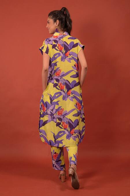 Shop_Rimi Nayak_Yellow Chanderi Bandeau Neck Pine Flower Print Tunic _at_Aza_Fashions
