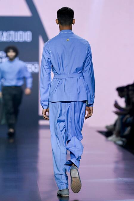 Shop_Tisa - Men_Blue Terrycloth, Cotton Embroidery Stitchline Bundi And Kurta Set_at_Aza_Fashions