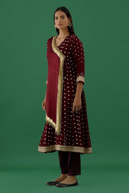 Shop 5elements Maroon Modal Satin Woven Bandhani V Neck Pattern Wrap Anarkali With Pant at Aza Fashions Shop_5elements_Maroon Modal Satin Woven Bandhani V Neck Pattern Wrap Anarkali With Pant _at_Aza_Fashions