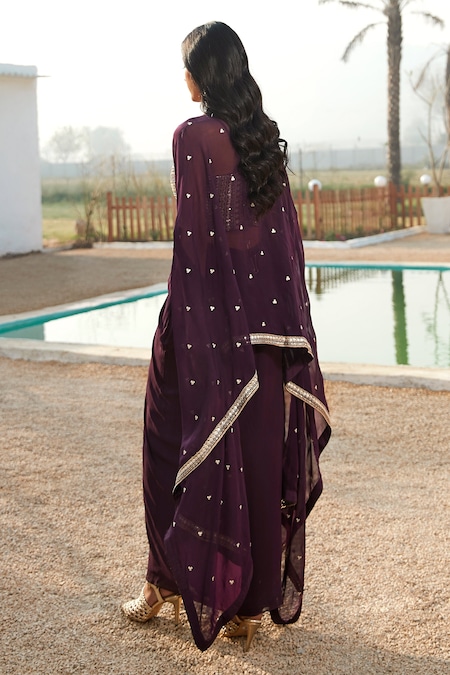 Shop_Basanti - Kapde Aur Koffee_Purple Viscose, Georgette Gota Patti, Zari Embroidered Cape And Draped Skirt Set _at_Aza_Fashions