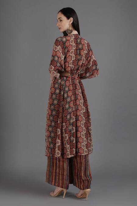 Shop Preeti S Kapoor Orange Crepe Tassels V-neck Hifza Vivid Honeycomb Print Kurta With Pant at Aza Fashions Shop_Preeti S Kapoor_Orange Crepe Tassels V-neck Hifza Vivid Honeycomb Print Kurta With Pant_at_Aza_Fashions