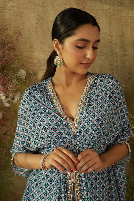 Shop Ria Shah Label Blue Polyester, Crepe Sequins, Geometric Print Gathered Kaftan With Flared Pant at Aza Fashions Shop_Ria Shah Label_Blue Polyester, Crepe Sequins, Geometric Print Gathered Kaftan With Flared Pant _at_Aza_Fashions