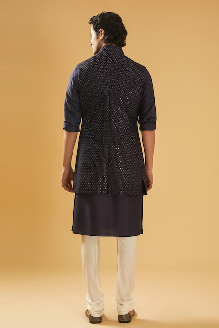 Raghavendra Rathore Blue Navy Blue Sequin Embroidered Bundi Set 