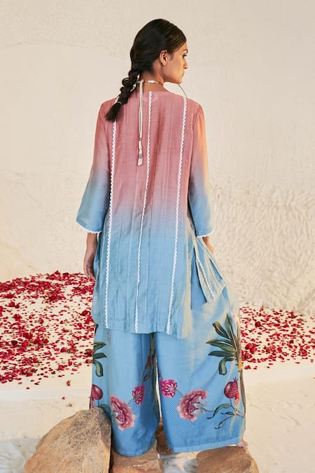 Shop Sage Saga Blue Chanderi Lace, Embroidery V-neck Pihu Work Kurta And Sharara Set at Aza Fashions Shop_Sage Saga_Blue Chanderi Lace, Embroidery V-neck Pihu Work Kurta And Sharara Set _at_Aza_Fashions