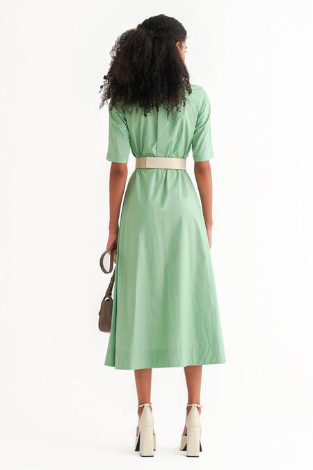 Shop NOTEBOOK Green Cotton Poplin Plain V Neck Solid Shirt Dress at Aza Fashions Shop_NOTEBOOK_Green Cotton Poplin Plain V Neck Solid Shirt Dress _at_Aza_Fashions