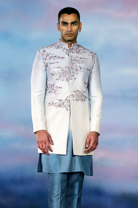 Shop Rohit Gandhi + Rahul Khanna Ivory Silk, Chanderi Embroidery Withering Floral Embellished Sherwani Set at Aza Fashions Shop_Rohit Gandhi + Rahul Khanna_Ivory Silk, Chanderi Embroidery Withering Floral Embellished Sherwani Set _at_Aza_Fashions