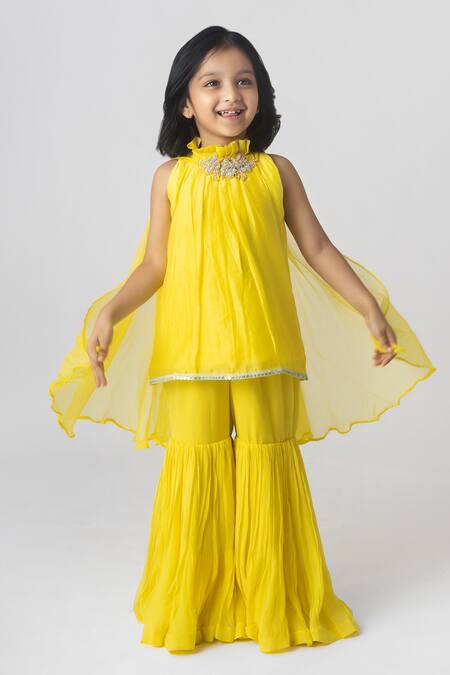 Shop_Ranikidswear_Yellow Chanderi Embroidery Floral Kurta Sharara Set_Online_at_Aza_Fashions