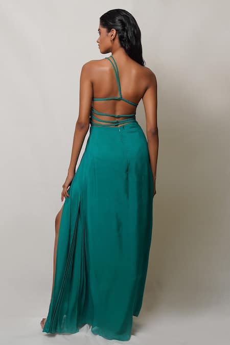 Shop Pinup By Astha Green Art Flat Chiffon Lining Butter Crepe One Shoulder Front Slit Gown at Aza Fashions Shop_Pinup By Astha_Green Art Flat Chiffon Lining Butter Crepe One Shoulder Front Slit Gown _at_Aza_Fashions