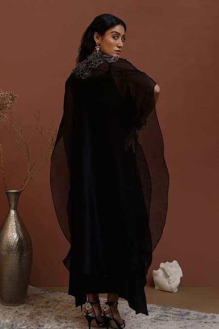 Shop Neha Poddar Black Cape Organza And Dress Summer Silk Embroidery Bead & Thread Border With at Aza Fashions Shop_Neha Poddar_Black Cape Organza And Dress Summer Silk Embroidery Bead & Thread Border With _at_Aza_Fashions