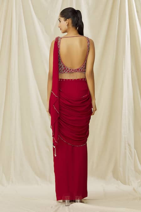 Shop Arpan Vohra Red Georgette Sequins, Crystals Jaal Embellished Blouse With Pre Draped Saree at Aza Fashions Shop_Arpan Vohra_Red Georgette Sequins, Crystals Jaal Embellished Blouse With Pre Draped Saree _at_Aza_Fashions
