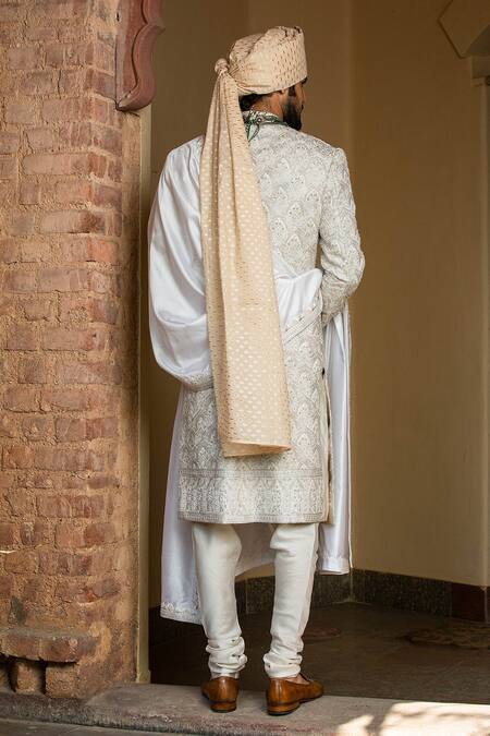 Shop_Nitika Gujral_Ivory Taffeta Silk Achkan Embroidery Resham And Dabka Work Set _at_Aza_Fashions