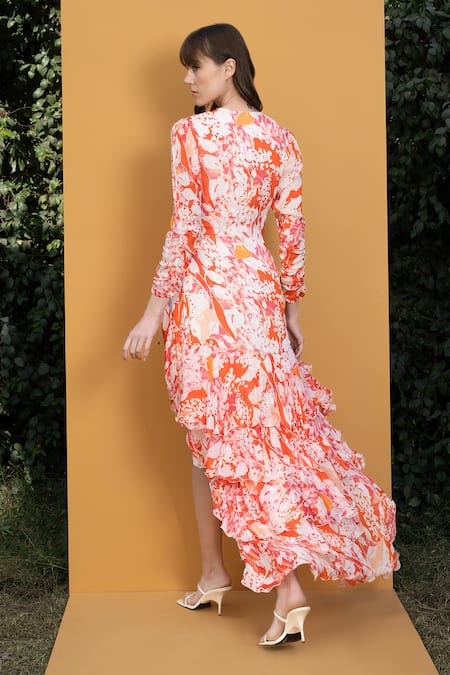 Mandira Wirk Resort Orange Chiffon Maple Leaves V Neck Print Wrap Dress Online at Aza Fashions Mandira Wirk Resort_Orange Chiffon Maple Leaves V Neck Print Wrap Dress _Online_at_Aza_Fashions