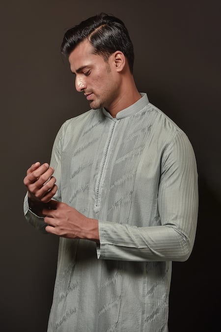 Shop Darshika Menswear Blue Cotton, Silk Panelled Pintuck Kurta Set at Aza Fashions Shop_Darshika Menswear_Blue Cotton, Silk Panelled Pintuck Kurta Set _at_Aza_Fashions