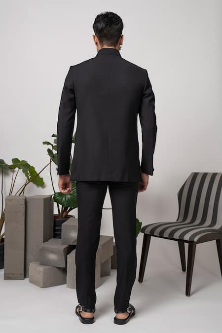 Shop Abkasa Black Terrycloth Embroidery Pintuck Bandhgala And Trouser Set at Aza Fashions Shop_Abkasa_Black Terrycloth Embroidery Pintuck Bandhgala And Trouser Set _at_Aza_Fashions