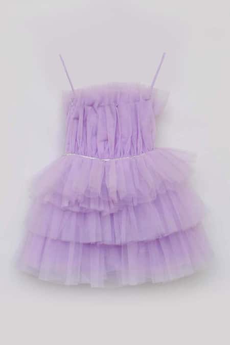 Shop Fayon Kids Purple Net, Cotton Bows Ruffle Layered Dress at Aza Fashions Shop_Fayon Kids_Purple Net, Cotton Bows Ruffle Layered Dress _at_Aza_Fashions