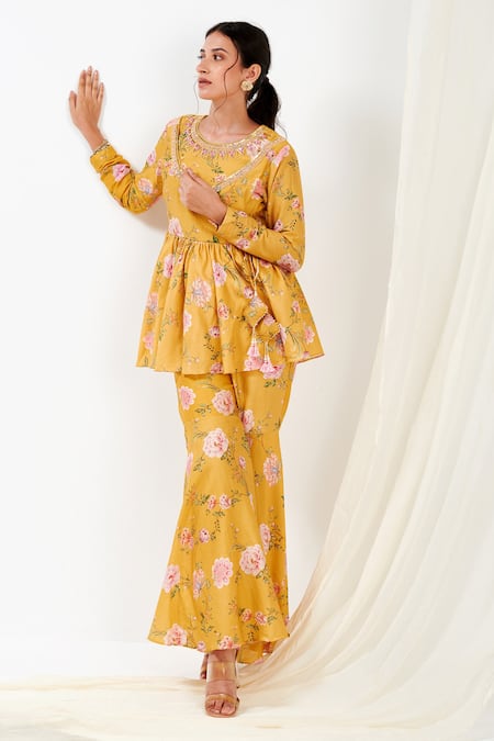 Shop_Label Flamingo By Vrinda_Yellow Cotton, Silk Crystals, Embroidery Round Rose Print Angarkha Top With Pant _at_Aza_Fashions