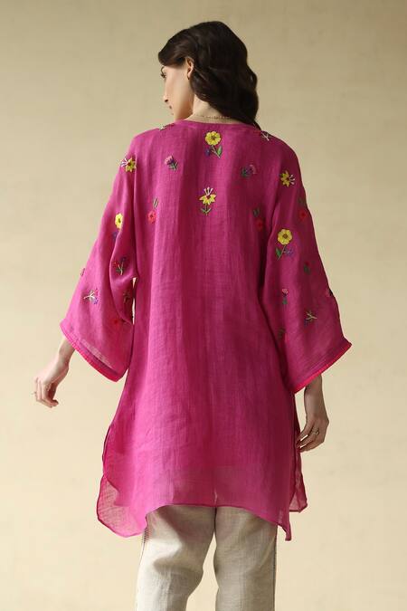 Shop Roza Fuchsia Embroidered Kaftan-cut Tunic at Aza Fashions Shop_Roza_Fuchsia Embroidered Kaftan-cut Tunic _at_Aza_Fashions