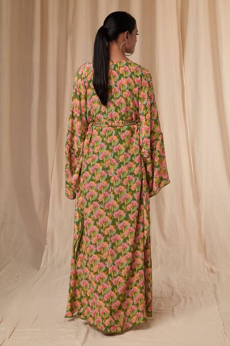 Shop Masaba Green Natural Crepe Printed Little Garden V Neck Kaftan Dress With Belt at Aza Fashions Shop_Masaba_Green Natural Crepe Printed Little Garden V Neck Kaftan Dress With Belt_at_Aza_Fashions