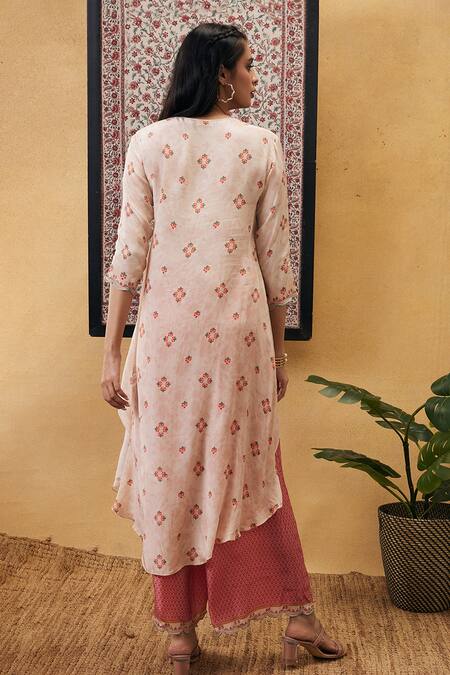 Shop_Soup By Sougat Paul_Cream Crepe Embroidery, Sequins Round Neck Zahra Kurta And Palazzo Set _at_Aza_Fashions