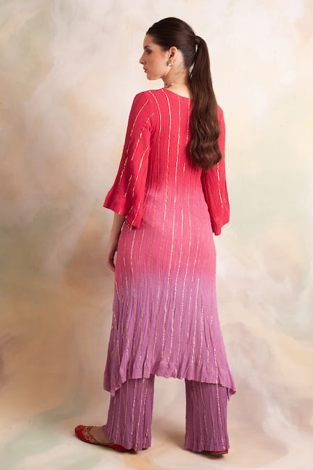 Shop Palak & Mehak Pink Rayon Crepe Striped V Neck Ombre Kurta And Pant Set at Aza Fashions Shop_Palak & Mehak_Pink Rayon Crepe Striped V Neck Ombre Kurta And Pant Set _at_Aza_Fashions