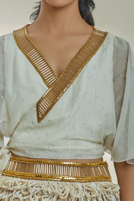 Shop Surily G Ivory Chanderi Piping V-neck Pipe Embellished Neckline Top at Aza Fashions Shop_Surily G_Ivory Chanderi Piping V-neck Pipe Embellished Neckline Top _at_Aza_Fashions