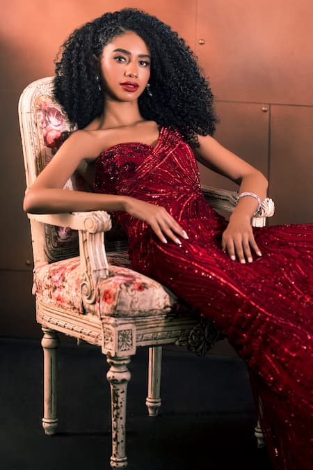 Bhawna Rao Crystal Hand Embroidered One Shoulder Gown 