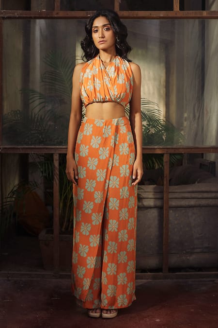 Shop_Suave_Orange Crepe Embroidery, Sequins Halter Neck Top And Pant Set _at_Aza_Fashions
