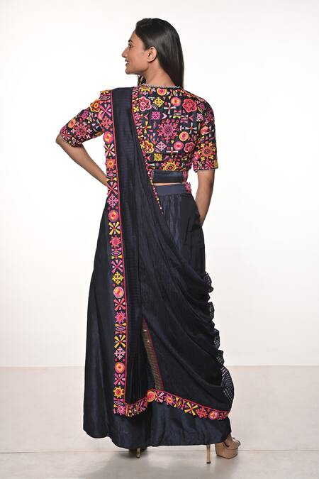 Shop_Soumodeep Dutta_Blue Dupion Embroidered Mirrorwork Round Hand Border Pant Saree With Blouse_at_Aza_Fashions