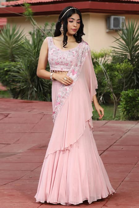 Shop_House Of Mithi Kalra_Pink Georgette Hand Embroidered Crystal Drop Queen Anne Blush Fishcut Lehenga _at_Aza_Fashions