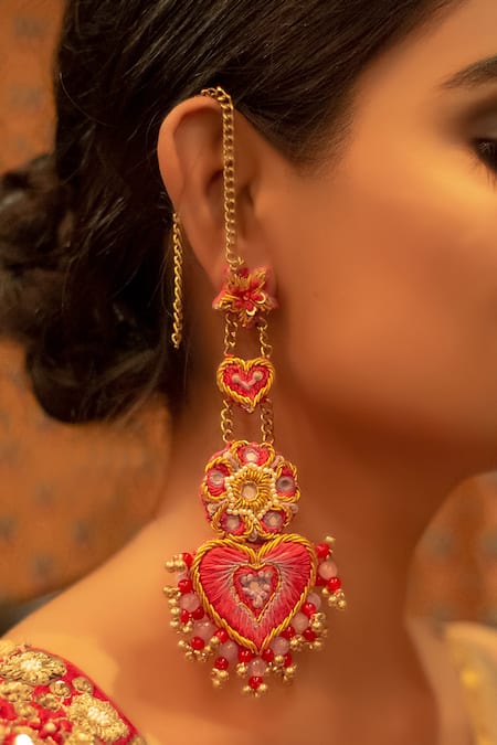 Kanyaadhan By Dhirajaayushi Hand Embroidered Heart Dangler Earrings 