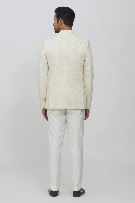 Shop_Priti Sahni_Ivory Georgette Sequins, Embroidery Jodhpuri Jacket And Trouser Set _at_Aza_Fashions