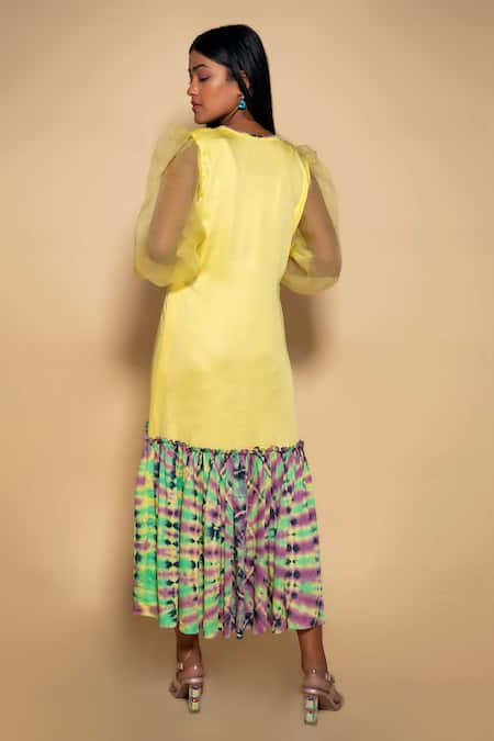 Shop_Ranng Label_Yellow Modal, Satin Open Neck Tie Dye Hem Shrug _at_Aza_Fashions