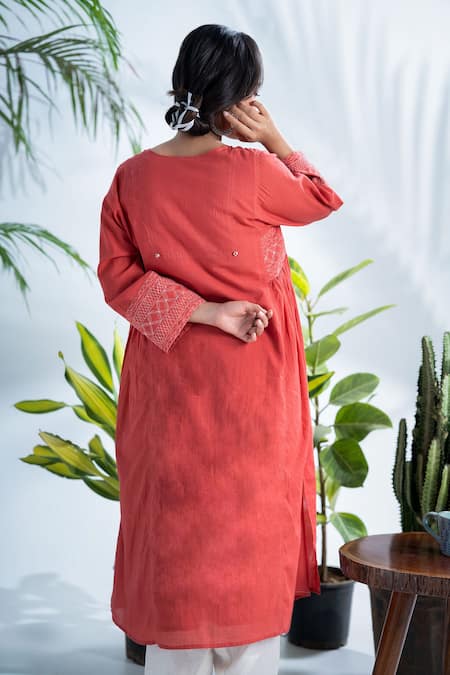 Shop Pants And Pajamas Red Handloom Cotton, Chanderi Embroidery V-neck Handwoven Kurta Set at Aza Fashions Shop_Pants And Pajamas_Red Handloom Cotton, Chanderi Embroidery V-neck Handwoven Kurta Set _at_Aza_Fashions