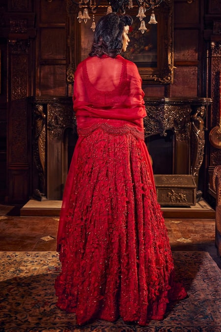 Shop Ridhima Bhasin Red Organza Sequins, Crystals, Maryam Floral Embroidered Bridal Lehenga Set at Aza Fashions Shop_Ridhima Bhasin_Red Organza Sequins, Crystals, Maryam Floral Embroidered Bridal Lehenga Set _at_Aza_Fashions