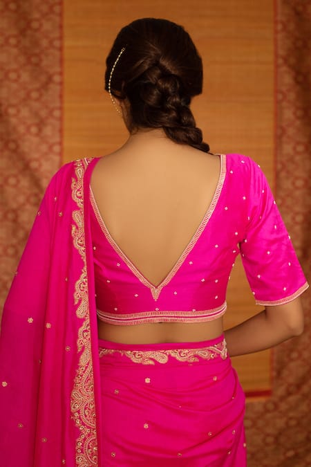 Shop_Deep Thee_Fuchsia Silk Mirrors, Metallic Thread Moti And Zari Embroidered Saree With Blouse _at_Aza_Fashions