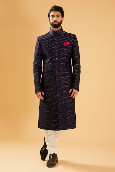 Shop Raghavendra Rathore Blue Blue Silk Sequins, Embroidery And Thread Achkan at Aza Fashions Shop_Raghavendra Rathore Blue_Blue Silk Sequins, Embroidery And Thread Achkan _at_Aza_Fashions