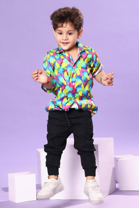 Shop Littlecheer Multi Color Viscose, Satin Feathers Print Classic Shirt at Aza Fashions Shop_Littlecheer_Multi Color Viscose, Satin Feathers Print Classic Shirt _at_Aza_Fashions