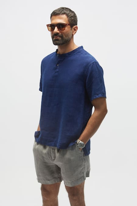 Shop_Terra Luna_Blue 100% Organic Handloom Cotton Solid T-shirt _at_Aza_Fashions