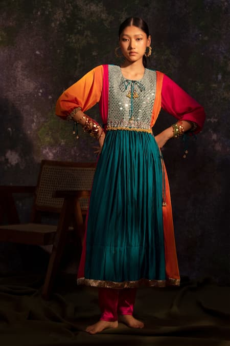 Shop 5elements Multi Color Viscose Embroidery Mirror Round Neck Block Anarkali With Pant at Aza Fashions Shop_5elements_Multi Color Viscose Embroidery Mirror Round Neck Block Anarkali With Pant _at_Aza_Fashions