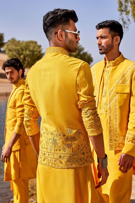 Sarab Khanijou Yellow Silk Embroidered Bundi Set 