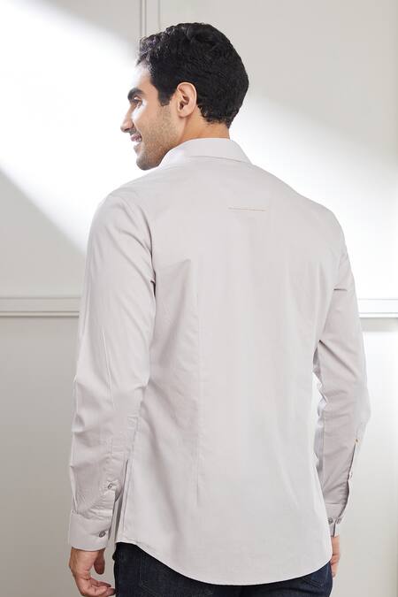 Shop_Seven_Grey Cotton Satin Embroidery Zeus Thunder Bolt Pattern Shirt _at_Aza_Fashions